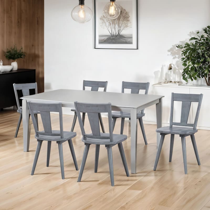 Vintage Panel Back Wooden Dining Chairs - Set of 6 - Antique Grey