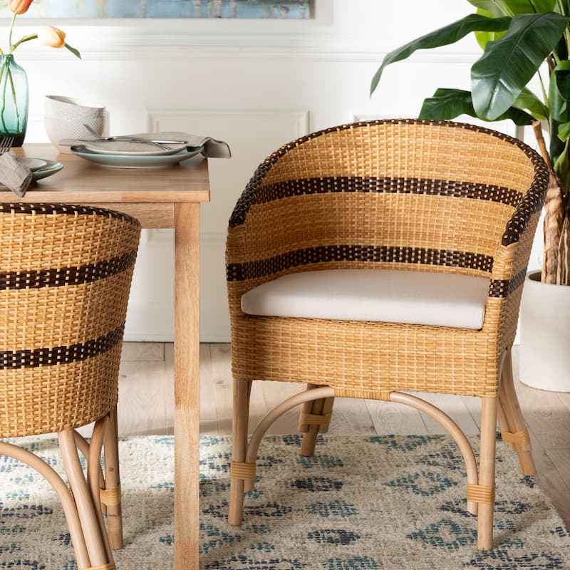 Elma Rattan Dining Chair with Cushion - Barrel-Back Accent Chair with Synthetic and Natural Rattan, Boho Coastal Style