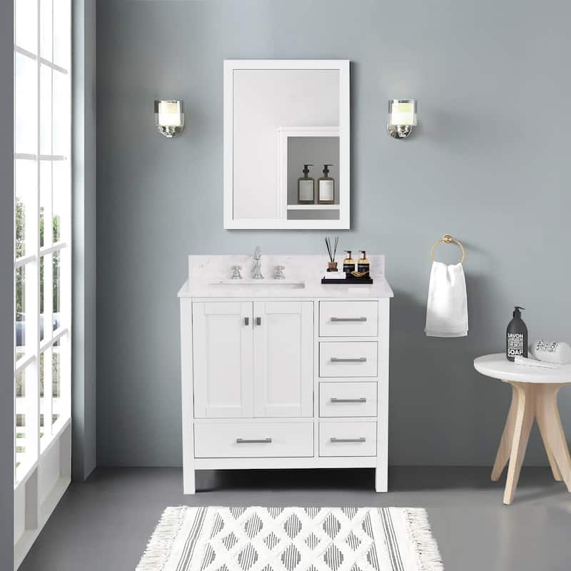StarrySky 36 inch Undermount Left Sink Bathroom Vanity with Engineered Carrara Marble Top - White