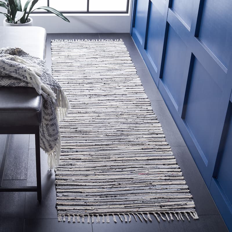 SAFAVIEH Handmade Rag Rug Nya Casual Stripe Cotton Rug - 2'3" x 7' Runner - Black/Multi