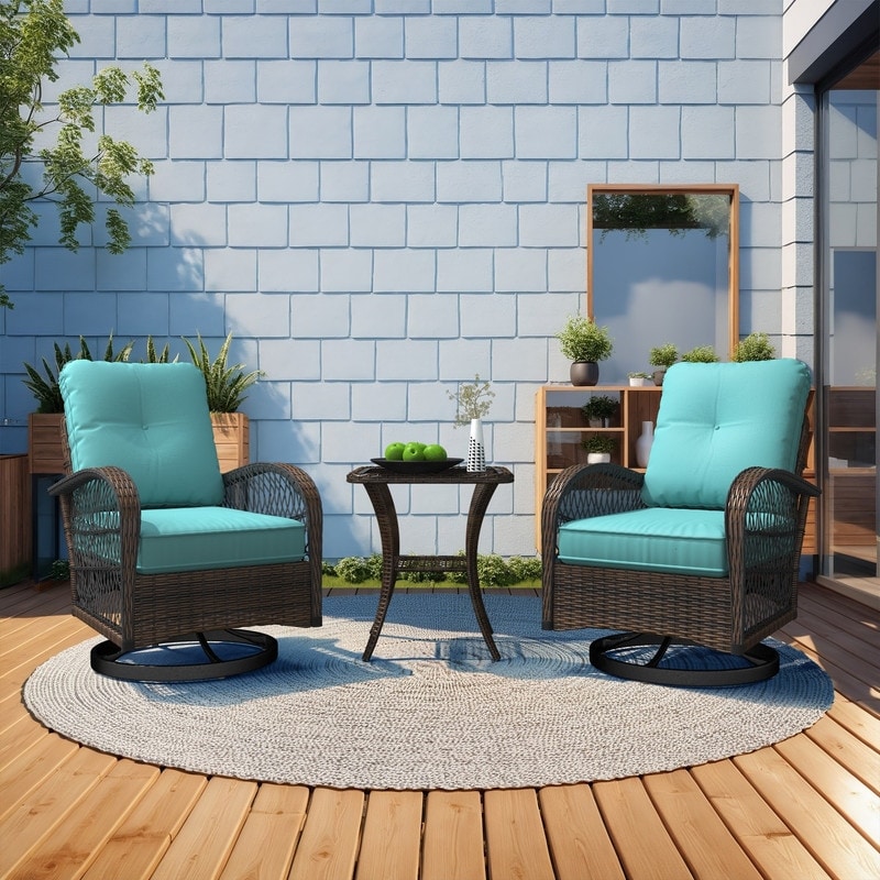 3 Piece Wicker Bistro Set With Swivel Rocking Chairs and Glass Table