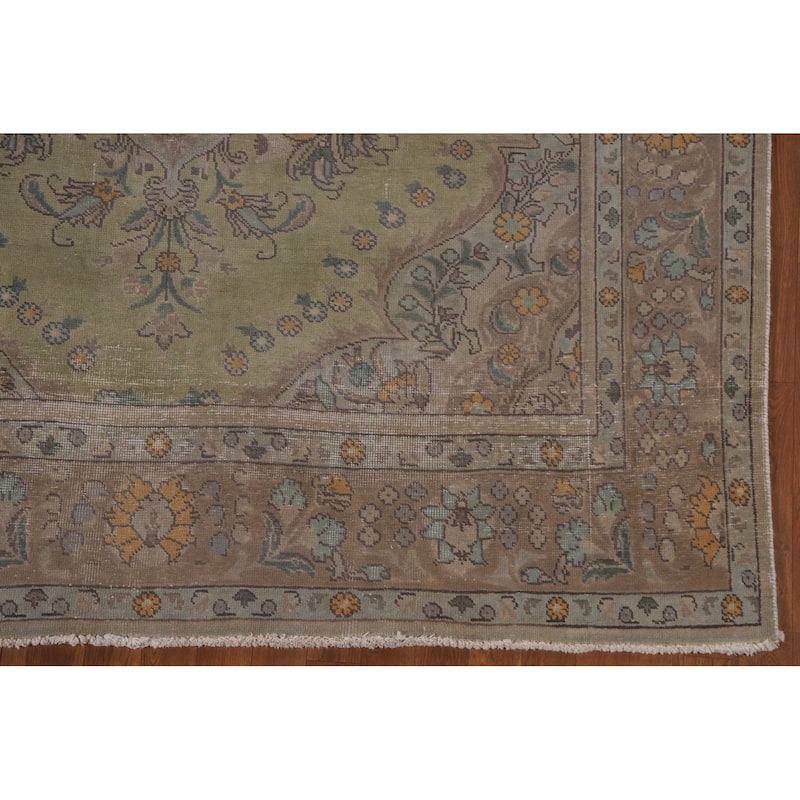 Green Distressed Tabriz Persian Antique Area Rug Handmade Wool Carpet - 6'6" x 9'8"