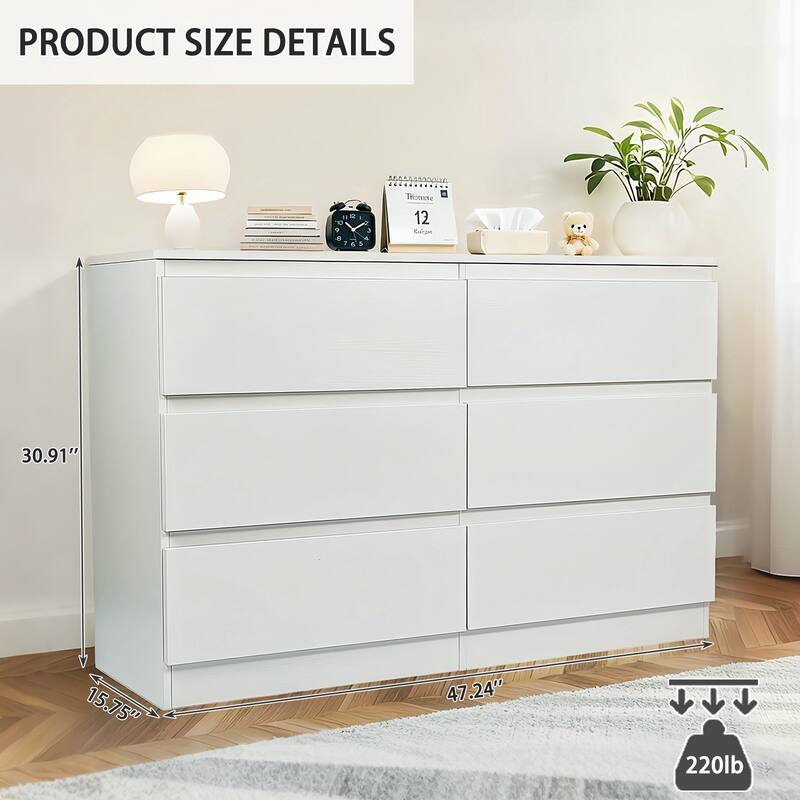 6 Drawer Dresser with Spacious Countertop,Wood Storage Cabinet with Concealed Handles & 6 Deep Drawers,15.7"D x 47.2"W x 30.9"H
