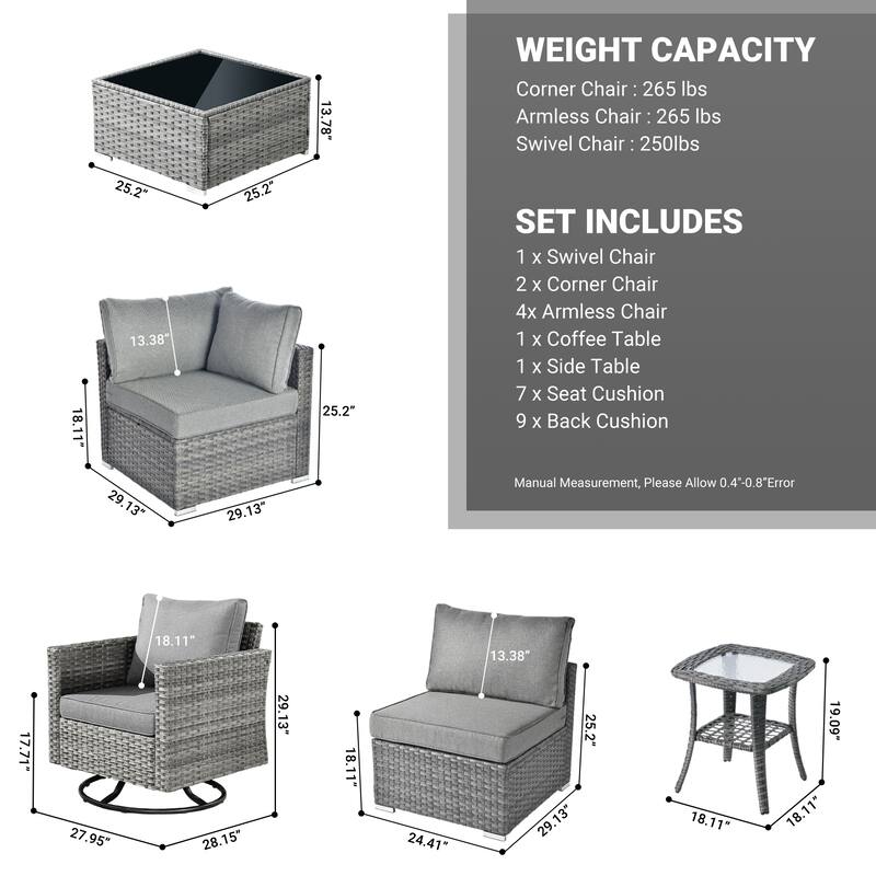 HOOOWOOO 9-piece Grey Wicker Patio Outdoor Sectional Set with Swivel Rocking Chair