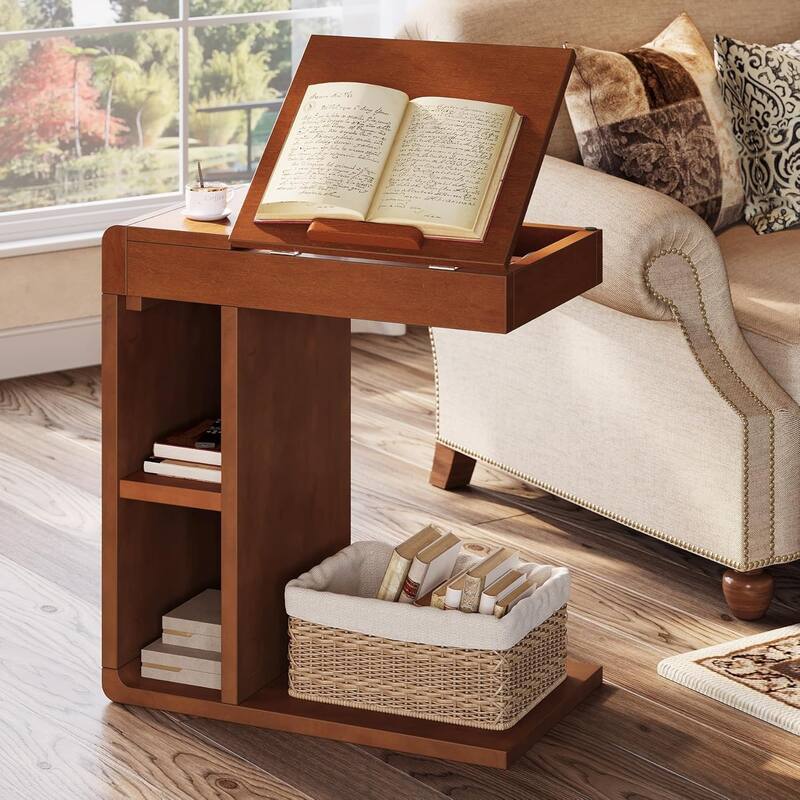 C-Shaped End Table with Adjustable Top, Sofa Chair Side Table with Open Storage Shelves