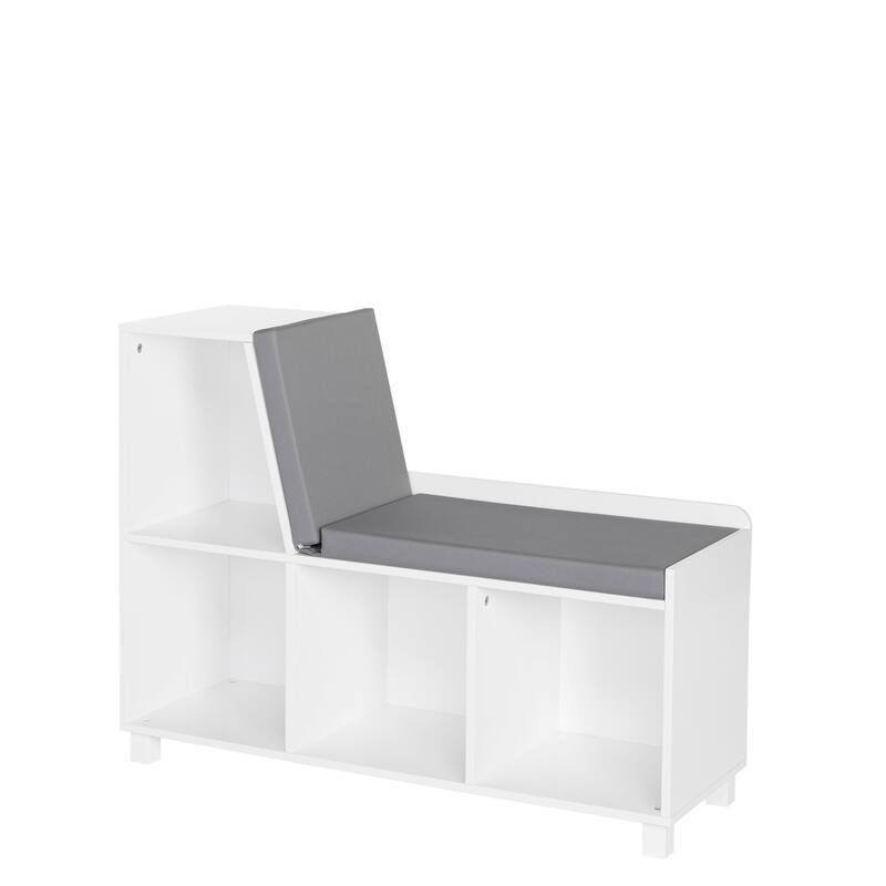 RiverRidge Kids Reading Nook Cushioned Toy Storage Bench with Cubby Organizers with Optional Fabric Bins- White