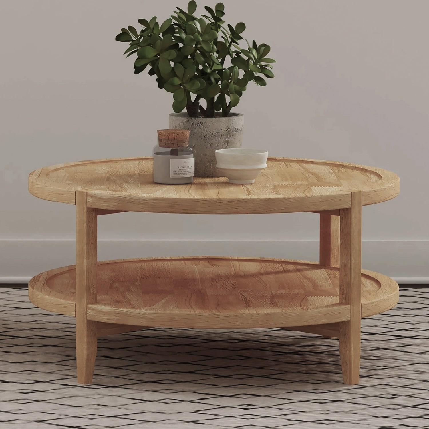 Round Wooden Coffee Table With Bottom Shelf