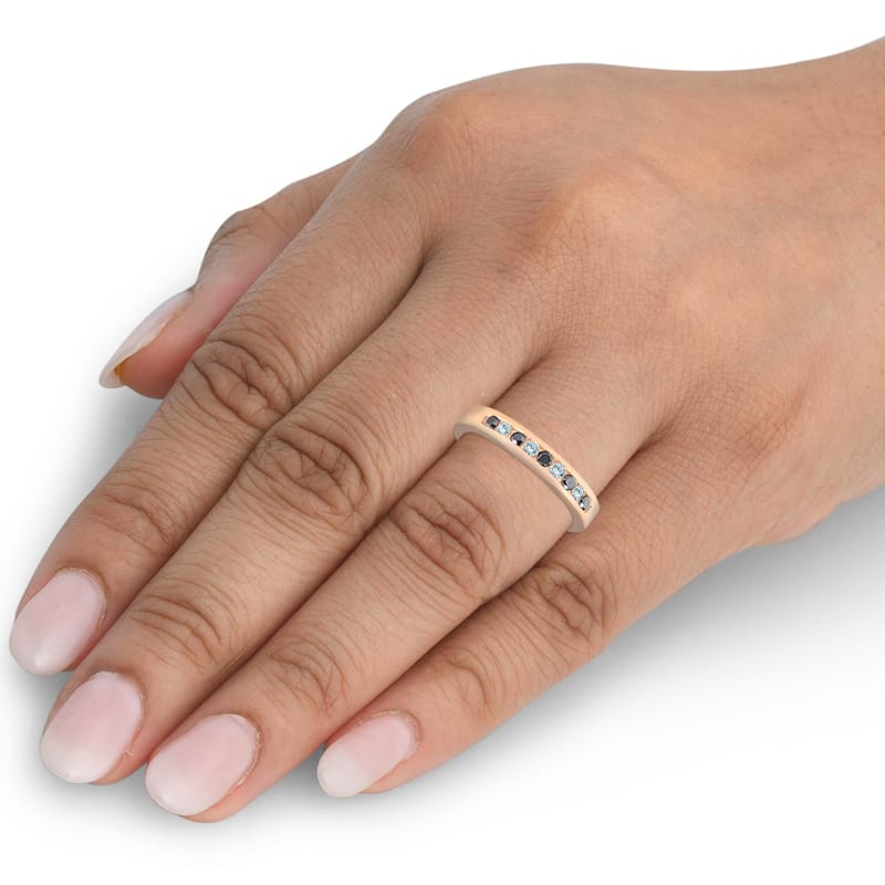1/4ct Black & White Diamond Ring Rose Gold Womens Wedding Stackable Band