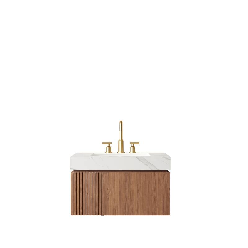 30" Floating Bathroom Vanity with Sintered Stone Top & Ceramic Basin, Plywood Cabinet with Drawer & Door