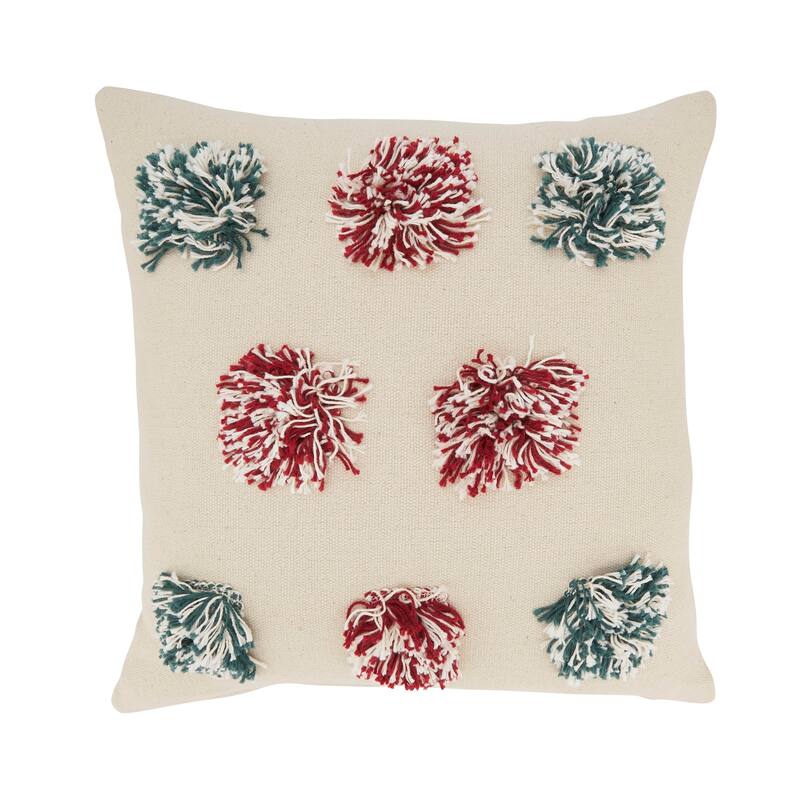 Fuzzy Fun Pom Pom Throw Pillow - 18"x18" - Polyester - Red/Green