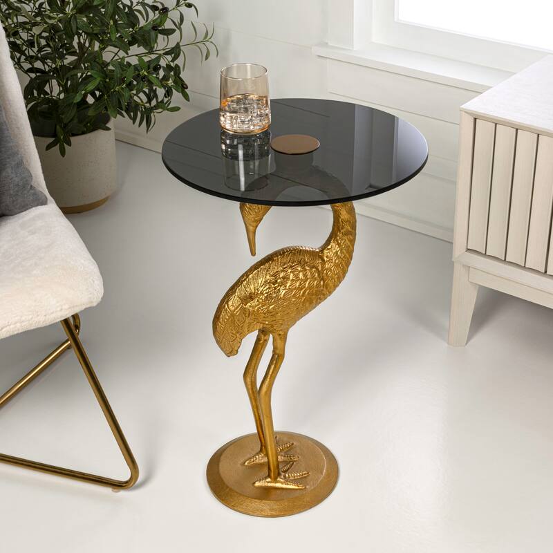 Nysha 25" Glass Top Flamingo end Table, Pink, by JONATHAN Y - Gold/Black - Glass