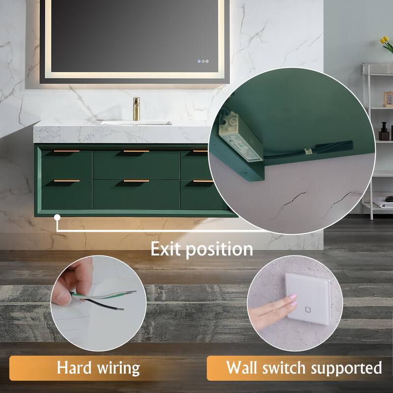 36/48/60 Modern LED Floating Bathroom Vanity with Single/Double Sink & Soft-Close Drawers & Waterproof, Green