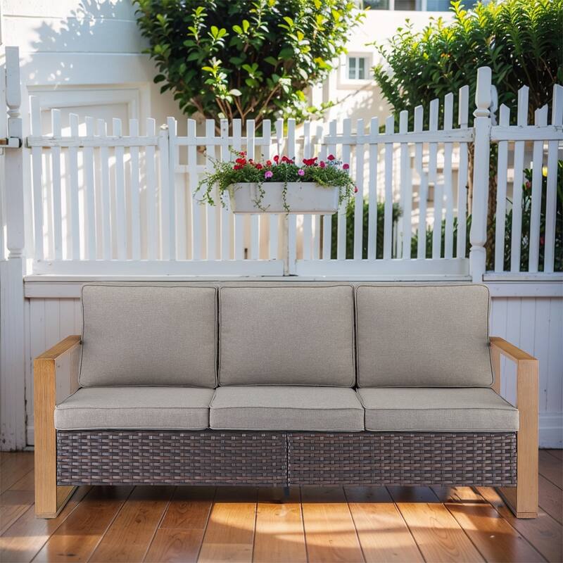 Gymojoy Outdoor 3-Seat Sofa - Durable All-Weather PE Wicker - 1-Piece - Brown Wicker / Grey Cushion