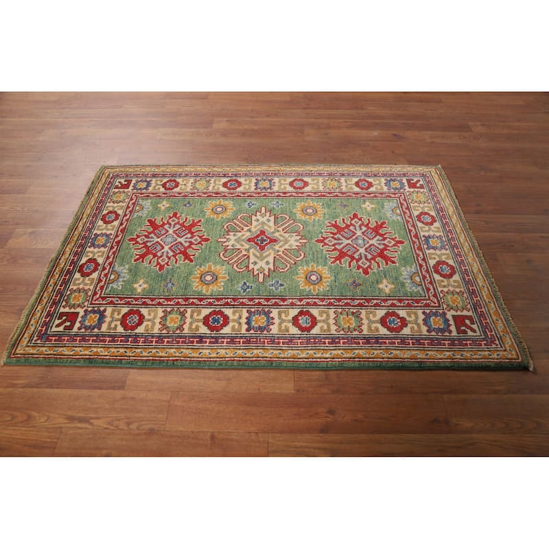 Green Geometric Kazak Foyer Rug Handmade Wool Carpet - 2'6"x 3'10"