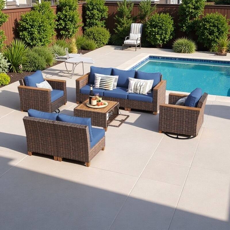 8-Piece Outdoor Patio Furniture Set with Swivel Rocking Chairs, Acacia Wood Storage Table, and Thick Cushions - Blue+Brown