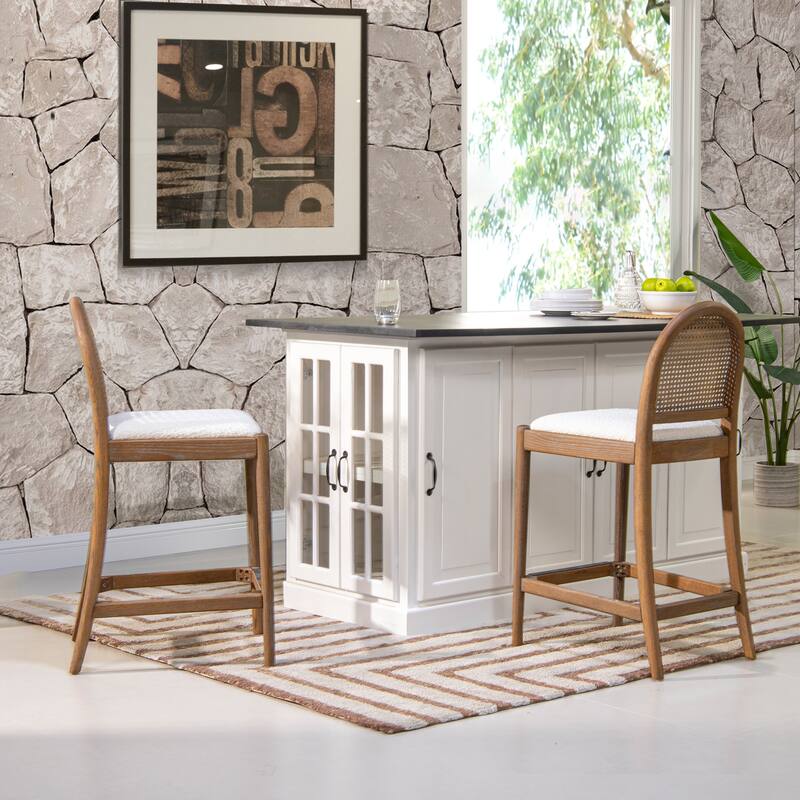 Curved Back Cane Rattan Counter Stool Set - White