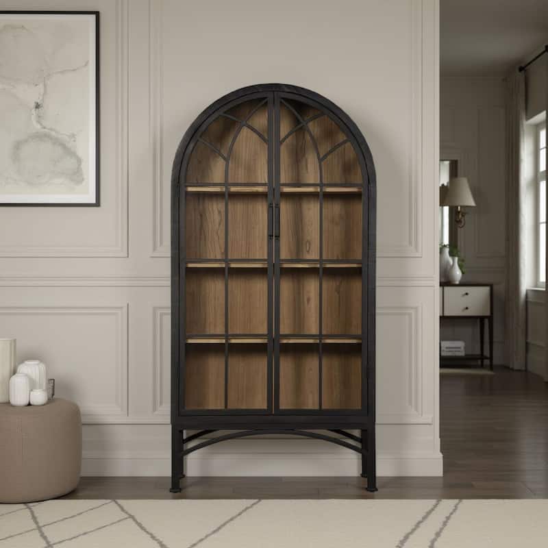 Veria China Cabinet, 2 Glass Door Arch Frame, Black Iron, 83 Inch
