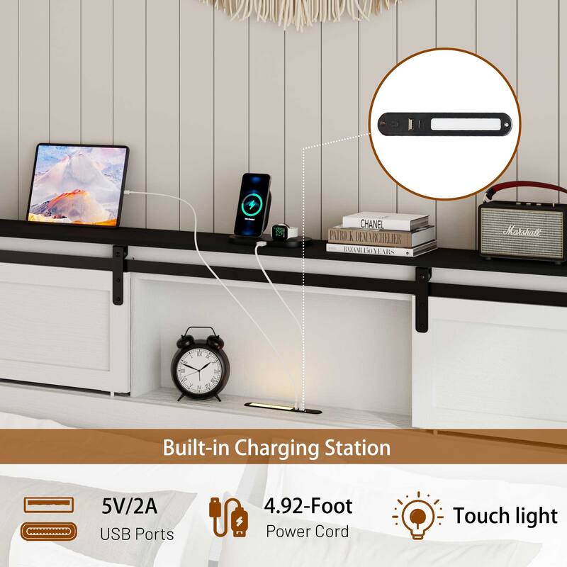 Farmhouse Bed Frame Wooden Platform Bed, 46.2" Tall Storage Headboard, Led Light and Charging Station, Sliding Barn Door, White