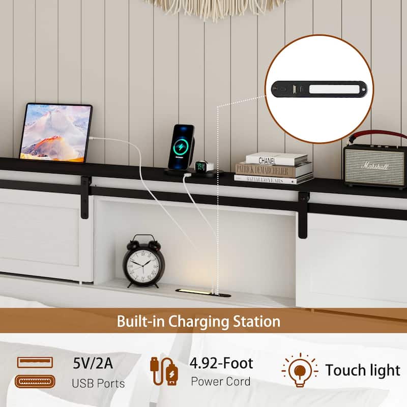 Queen Size Bed, Metal Bed Frame with Charging Station, No Need for Box Spring, Easy to Assemble