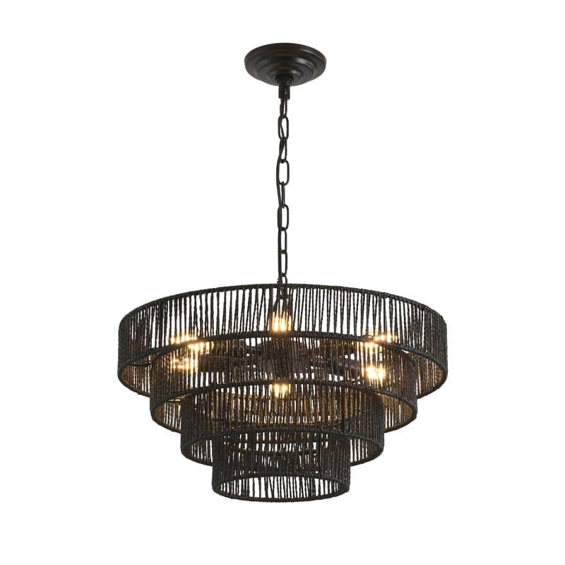 Modern Layered Hemp Rope Chandelier in Boho Style, Elegant Hanging Light for Living, Dining & Bedroom Areas (Bulbs Not Included)
