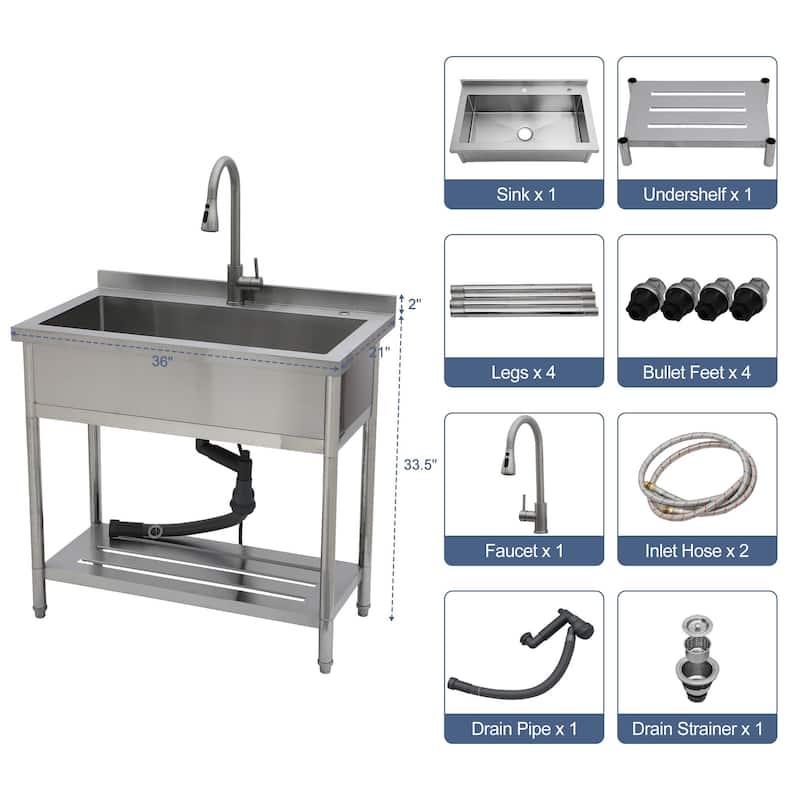 Lordear 36" Large Utility Sink Free Standing Outdoor Stainless Steel Deep Laundry Sink with Faucet