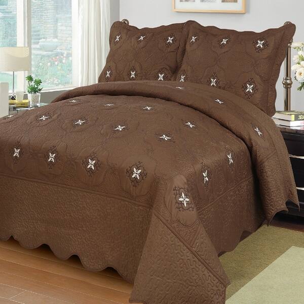 3Pcs Embroidery Quilts Bedspreads Set Coverlet Oversized King Brown