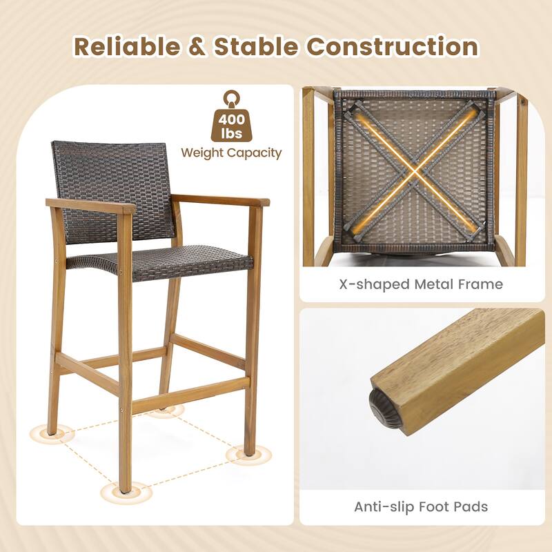 Gymax Patio Rattan Bar Stool Set of 2 Outdoor PE Wicker Bar Chairs w/