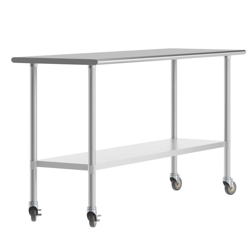 Commercial Stainless Steel 18 Gauge Worktable with Undershelf and Casters - 72" x 24"