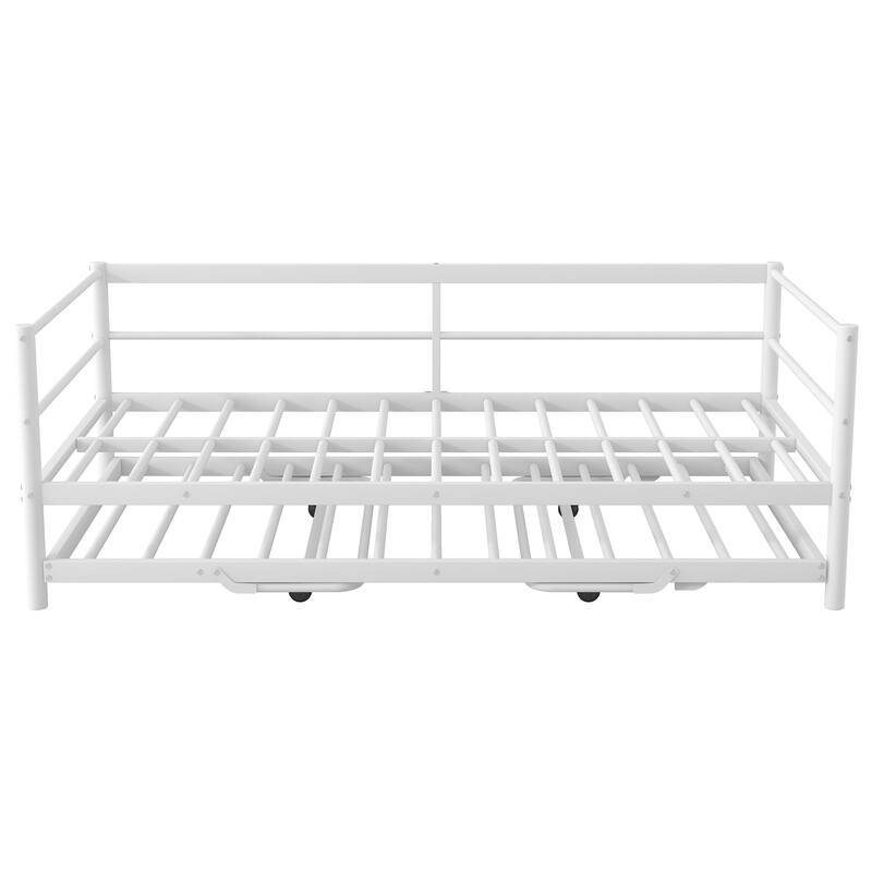 Twin Size Metal Daybed with Light Strip and Adjustable Pop Up Trundle Bed, White Sofa Bed Frame with Solid Metal Slats Support