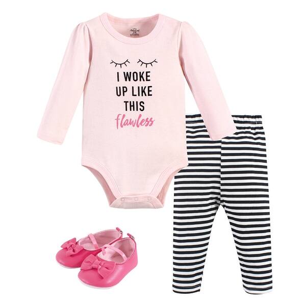 slide 1 of 1, Little Treasure Baby Girl Cotton Bodysuit, Pant and Shoe 3pc Set, Flawless 0-3 Months - Flawless