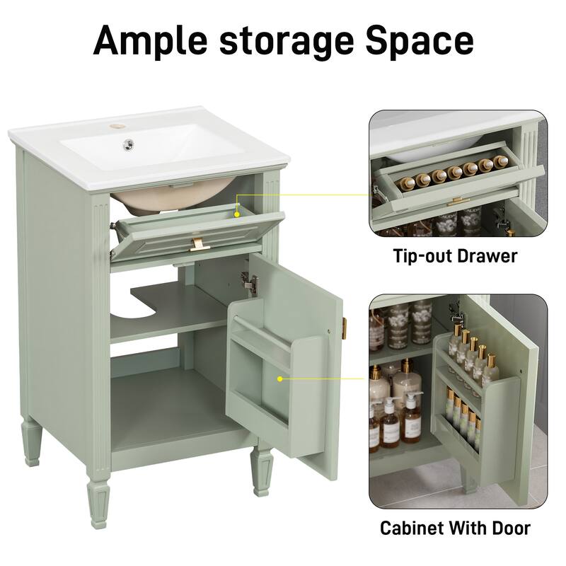 Roomfitters 20" Bathroom Vanity with Sink, Solid Wood Legs, Tilt-Out Drawer & Adjustable Shelf