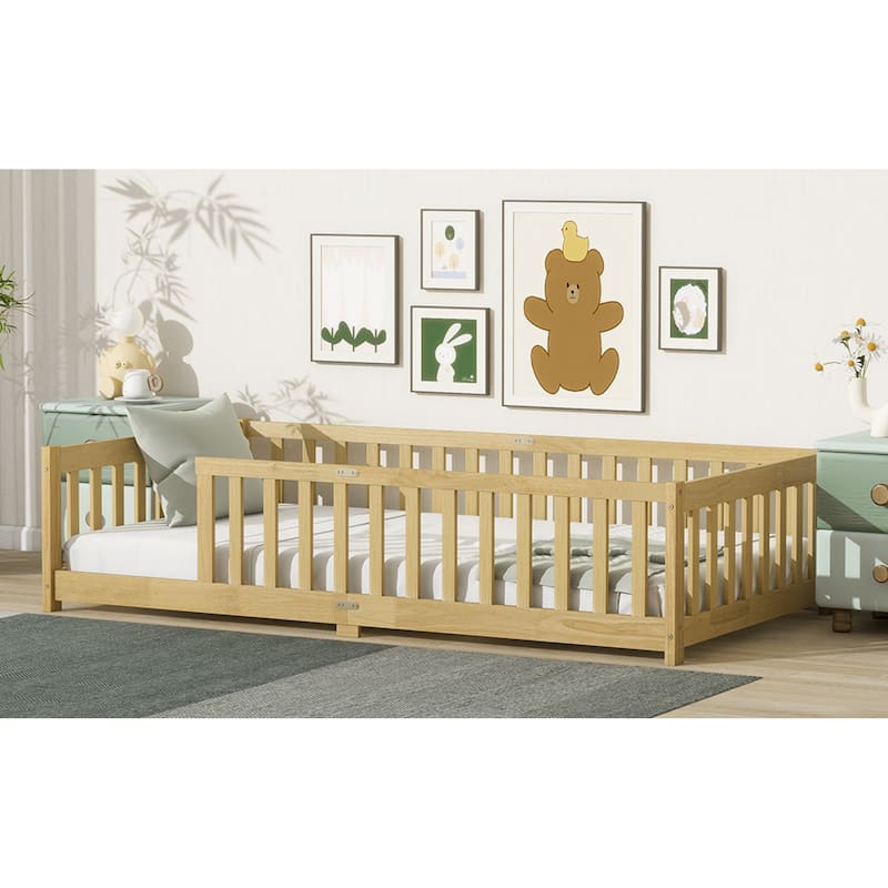 Roomfitters Twin/Full Floor Bed with Surround Fence, Rubber Wood Platform with Guardrails and Slats, Natural