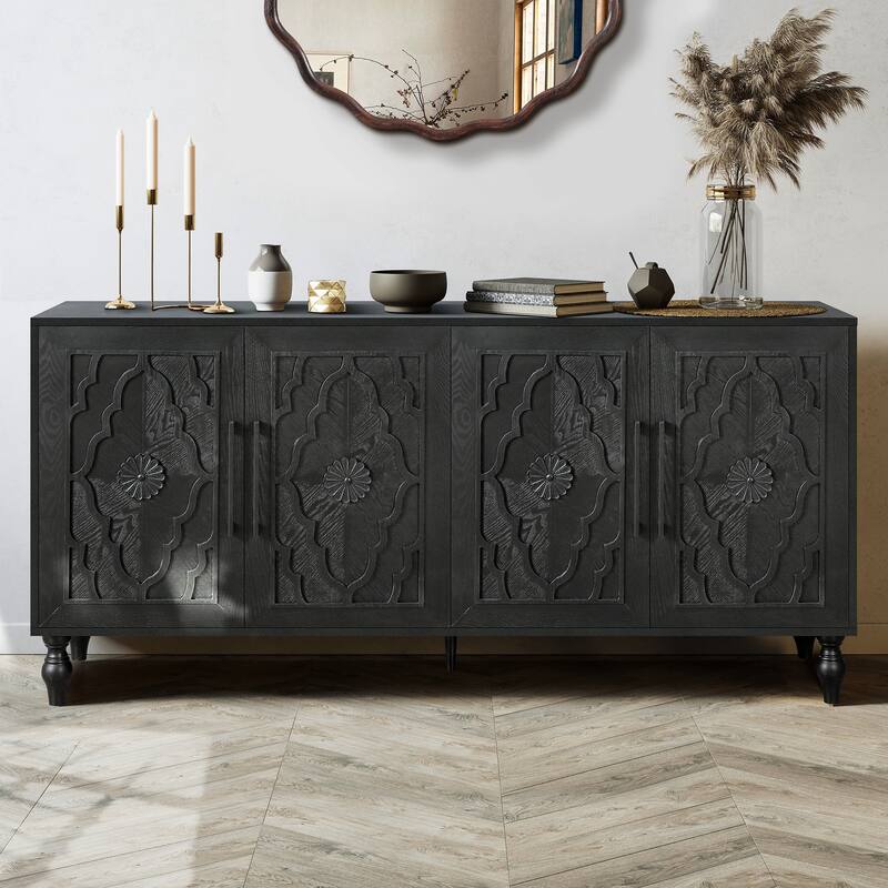 63'' Cabinet with Metal Handle, Carved Flower Doors, Mordern Sideboard Console with Adjustable Shelves for Living Room, Kitchen
