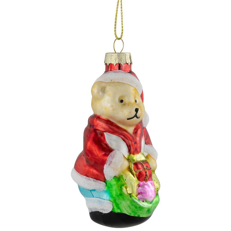 Santa Bear with Gift Bag Glass Christmas Ornament - 3.25" - Red