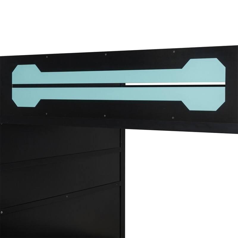 Full Size Loft Bed with Bulit-in Desk and RGB Light, Wooden Loft Bedframe w/ Multi-storage Shelves & Ladder, Kids Playhouse Bed