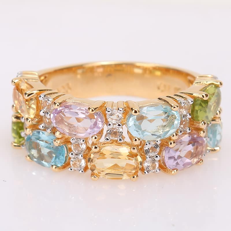 Multi Color Blue Topaz, Rose De France, Citrine & Peridot Mosaic Ring in Yellow Plated Sterling Silver by Miadora