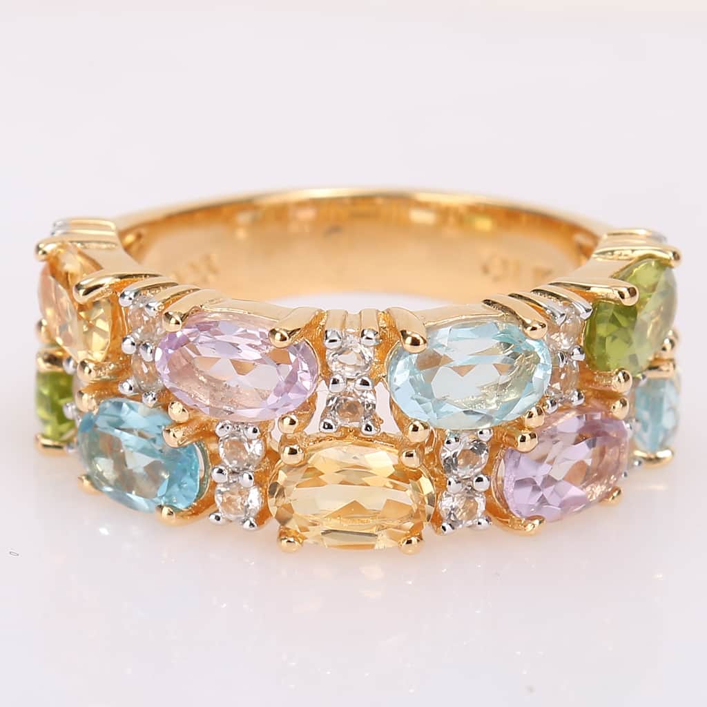 Multi Color Blue Topaz, Rose De France, Citrine & Peridot Mosaic Ring in Yellow Plated Sterling Silver by Miadora