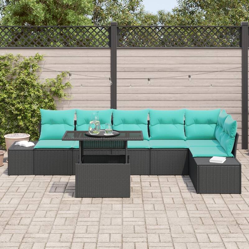 vidaXL 7 Piece Garden Sofa Set with Cushions Black Poly Rattan - 125.6×60.6×27.2