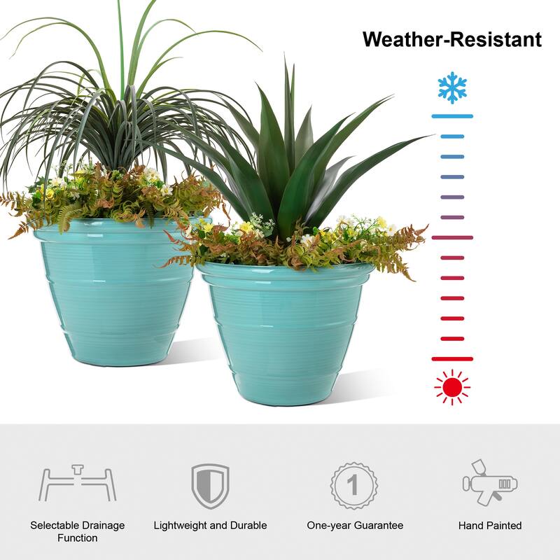 Glitzhome Set of 2 Round Cobalt Blue/Turquoise/Red Faux Ceramic Pot Plastic Planter