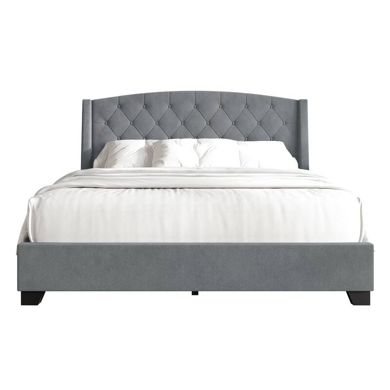 CraftPorch Classic Button Tufted Wingback Upholstered Bed with Drawers - Light Grey - Full