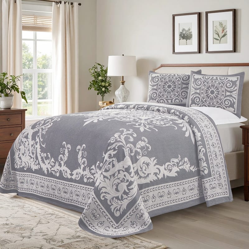 Superior Cotton Blend Oversized Vintage Medallion Bedspread Set - Denim Blue - Queen