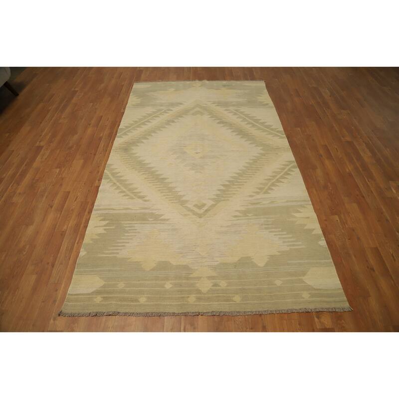 Hand Woven Oriental 100% Wool Carpet Southwestern Tribal Beige & Ivories Kilim Area Rug - 8' 3'' X 4' 10''