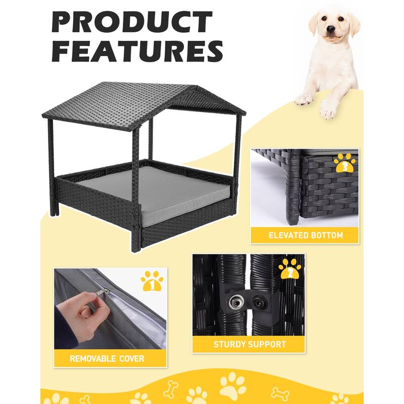 2 In 1 Wicker Pet Bed With Cushion and Canopy, Dog House