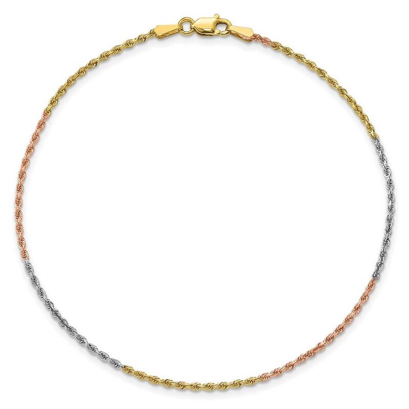 Curata 14k Tri Color Solid Gold 1.8mm Sparkle Cut Rope Chain Bracelet