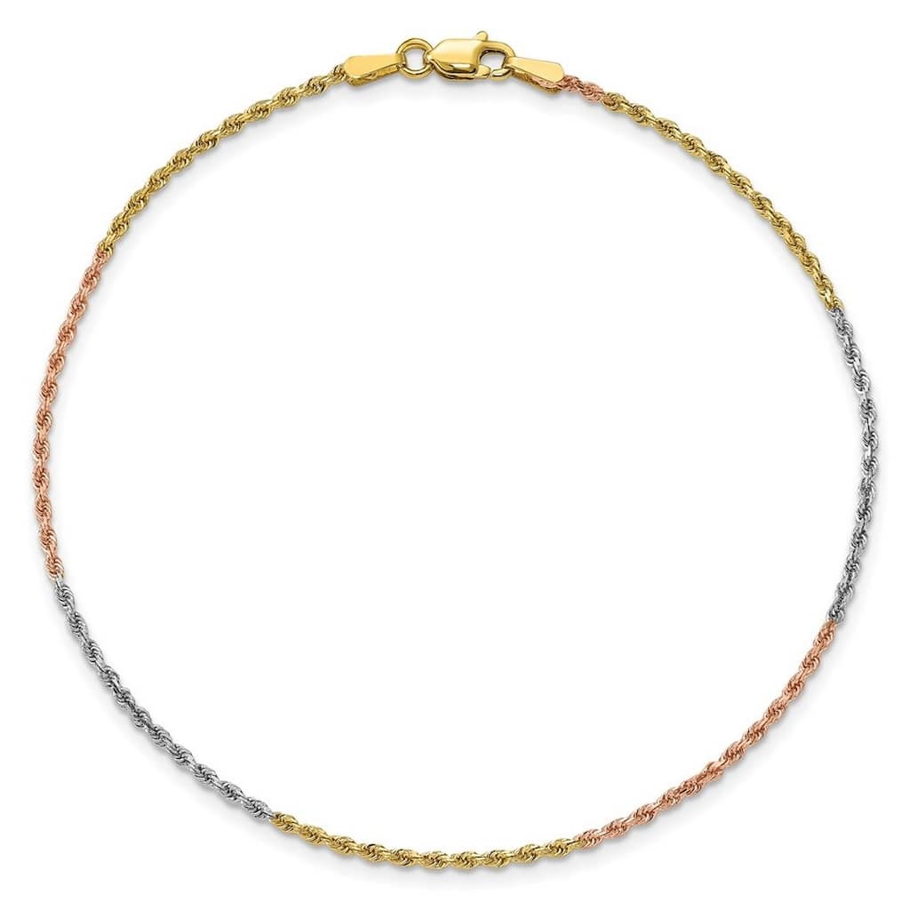 Curata 14k Tri Color Solid Gold 1.8mm Sparkle Cut Rope Chain Bracelet