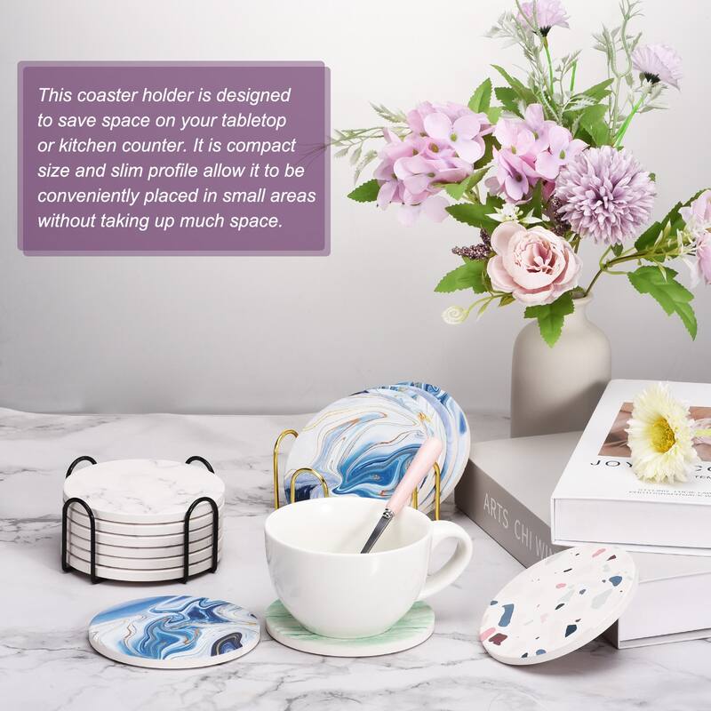 Drink Coasters with Holder, 6pcs 4" Cork Base Coasters Sandstone Style