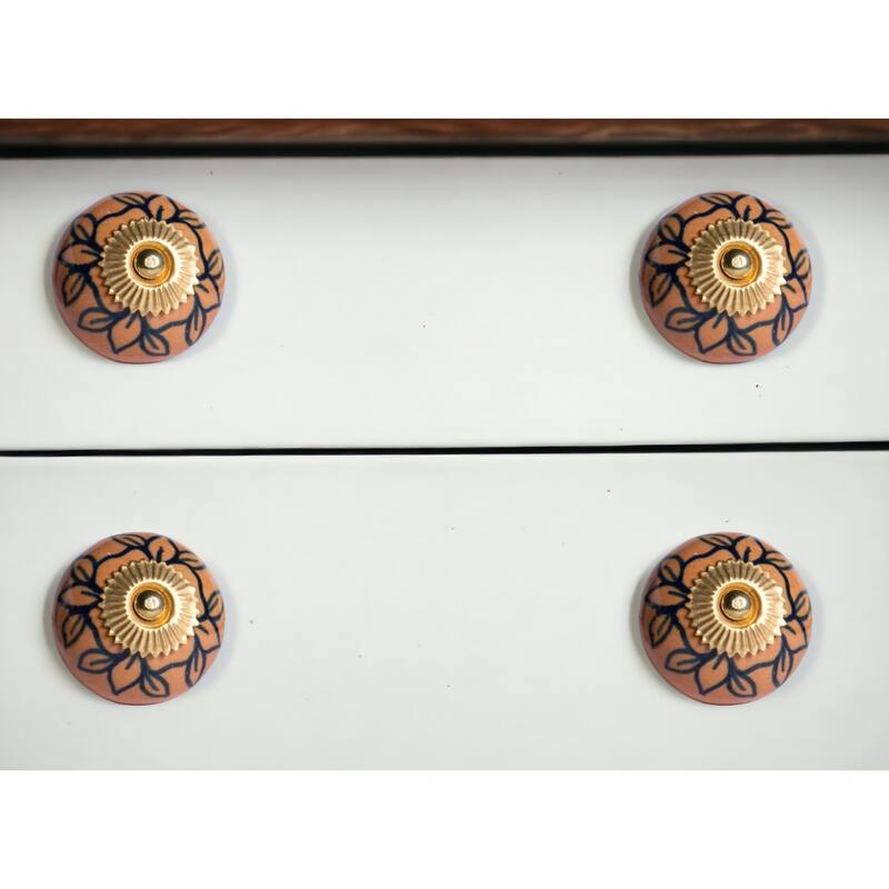 Set of 12 Hand-Painted Blue & Orange Floral Ceramic Cabinet Knobs Artisan Round Drawer Pulls with Metal Base