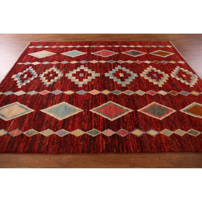 Red Geometric Moroccan Oriental Rug Hand-Knotted Tribal Wool Carpet - 8'1" x 9'9"