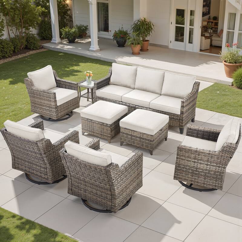 Pocassy Outdoor Patio Furniture Wicker Sofa Swivel Chair Set - Grey Wicker Beige Cushion - 8 Pieces Sofa Swivel Chair Table with Ottoman