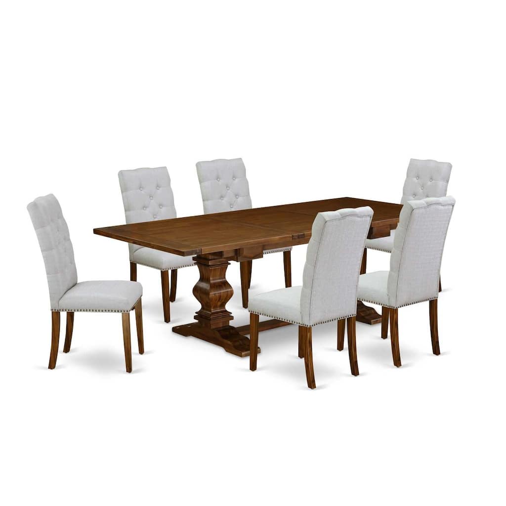 7-Piece Dining Set - Kitchen Table with 6 Linen Fabric Chairs - Antique Walnut Finish Rectangular Table Set - 92